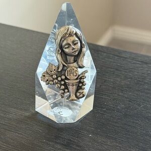 Clear Crystal Sculpture with Bronze-Tone First Communion Relief